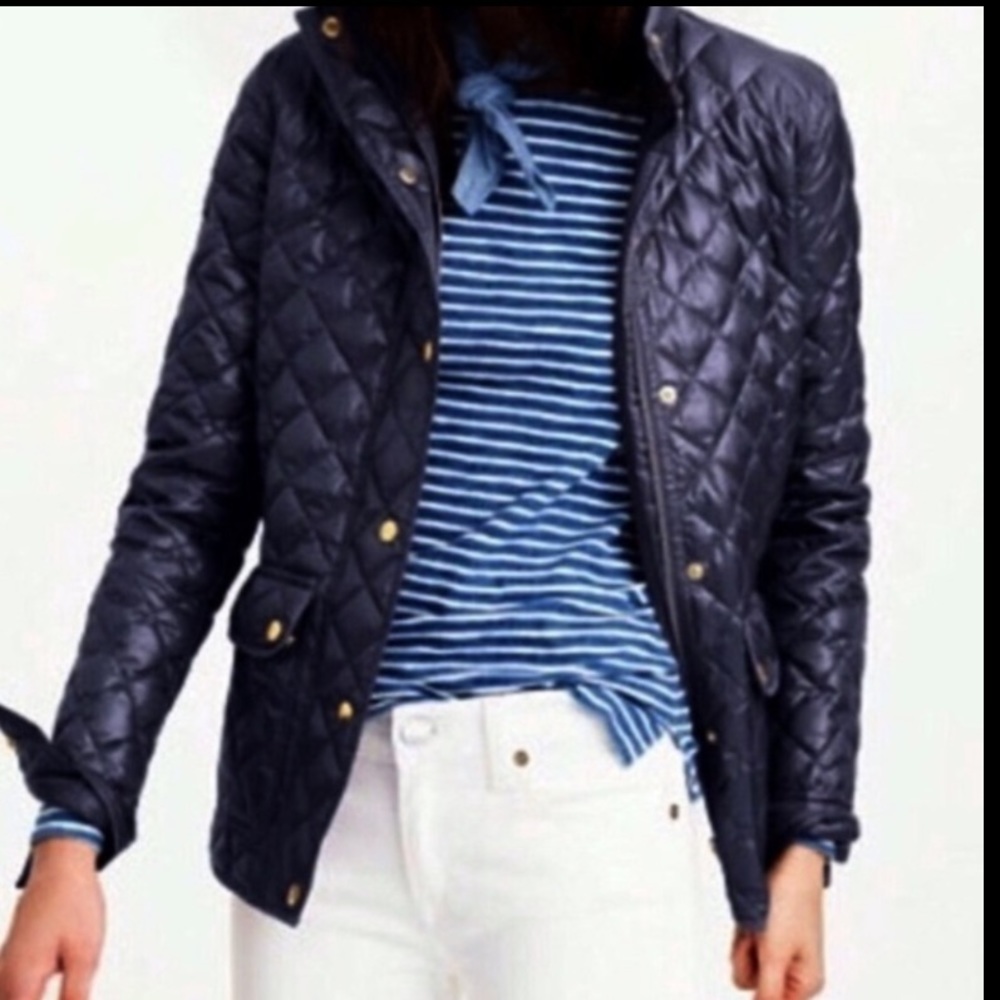 NWOT J. Crew Shiny Downtown Quilted Puffer Navy Jacket Size XS $178